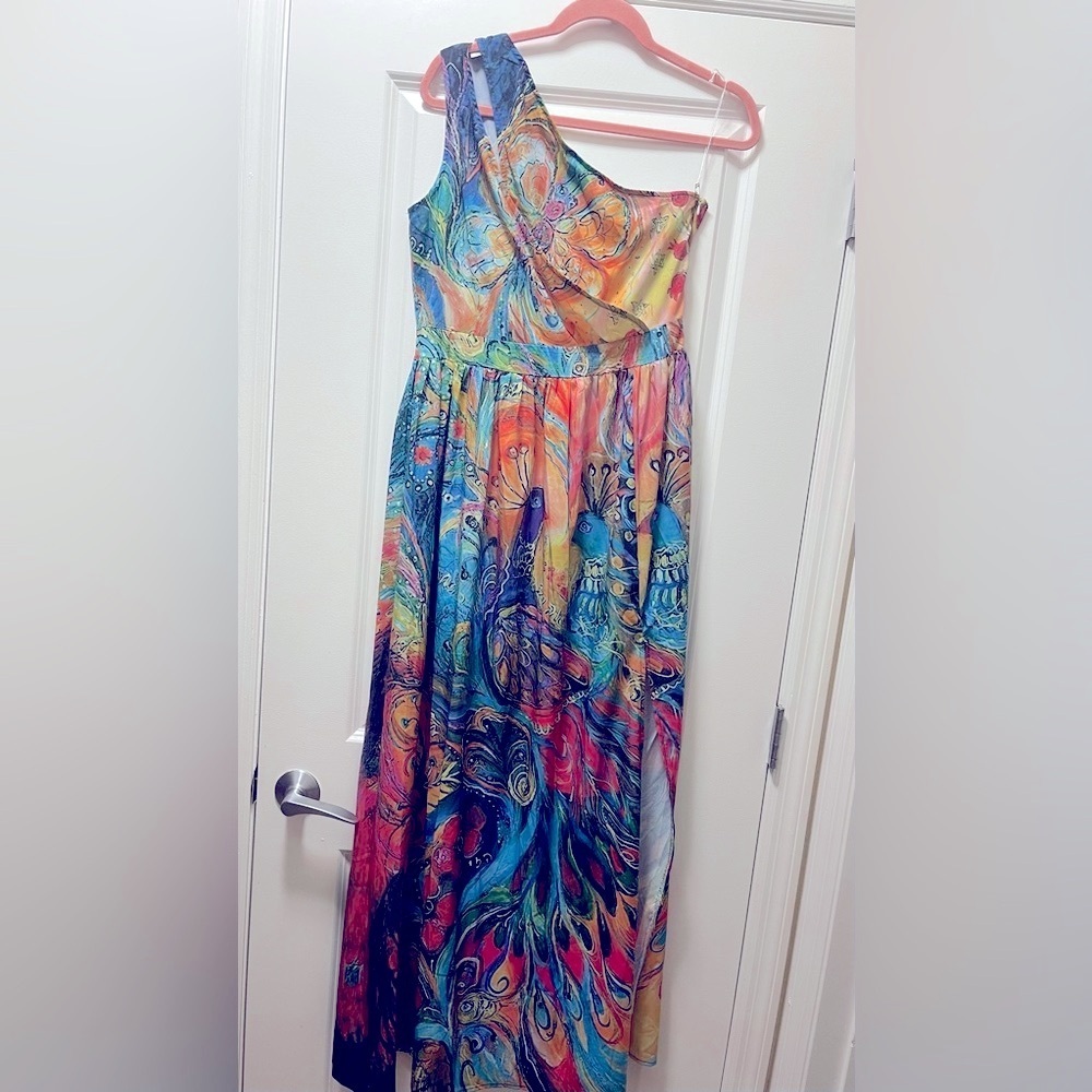 Vibrant Peacock Sleeveless One Shoulder Maxi Dress. Size Large - Picture 7 of 11